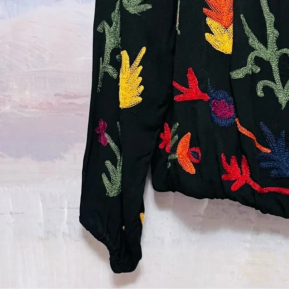 LAURIE FELT Black Peasant Blouse with Multicolor Floral Embroidery - Picture 7 of 16